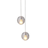 A handmade cluster LED pendant light with two spherical glass globes suspended from a ceiling mount by metal frames.