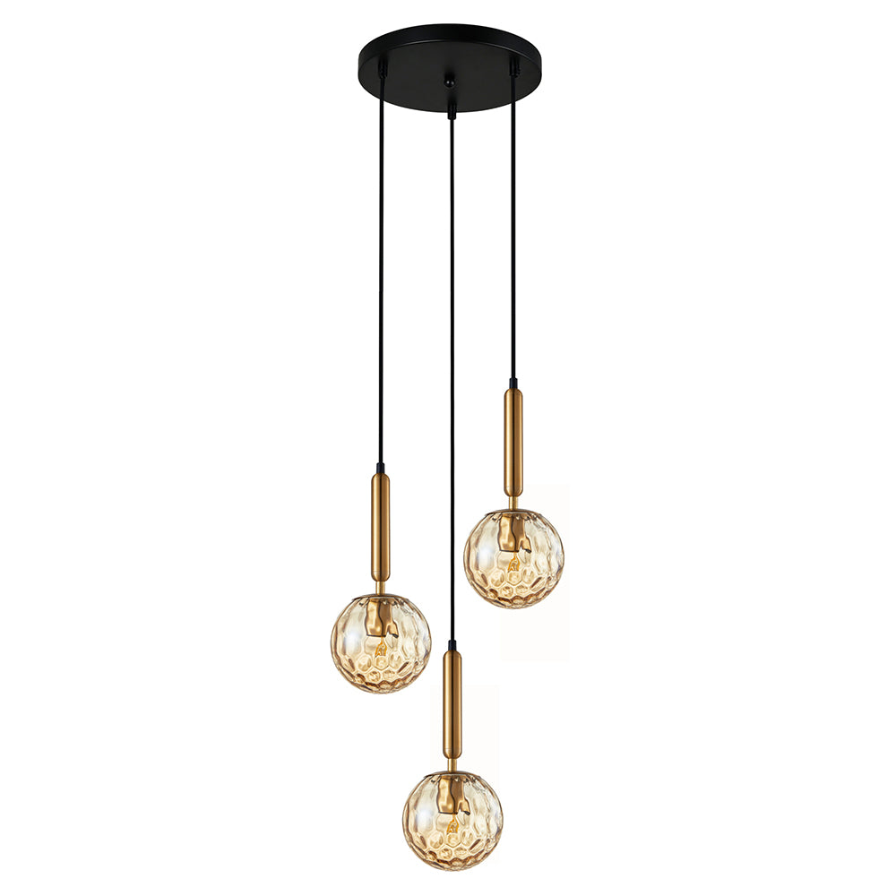 Doro 3 Light 35cm Suspension Pendant in Black, Brass & Amber