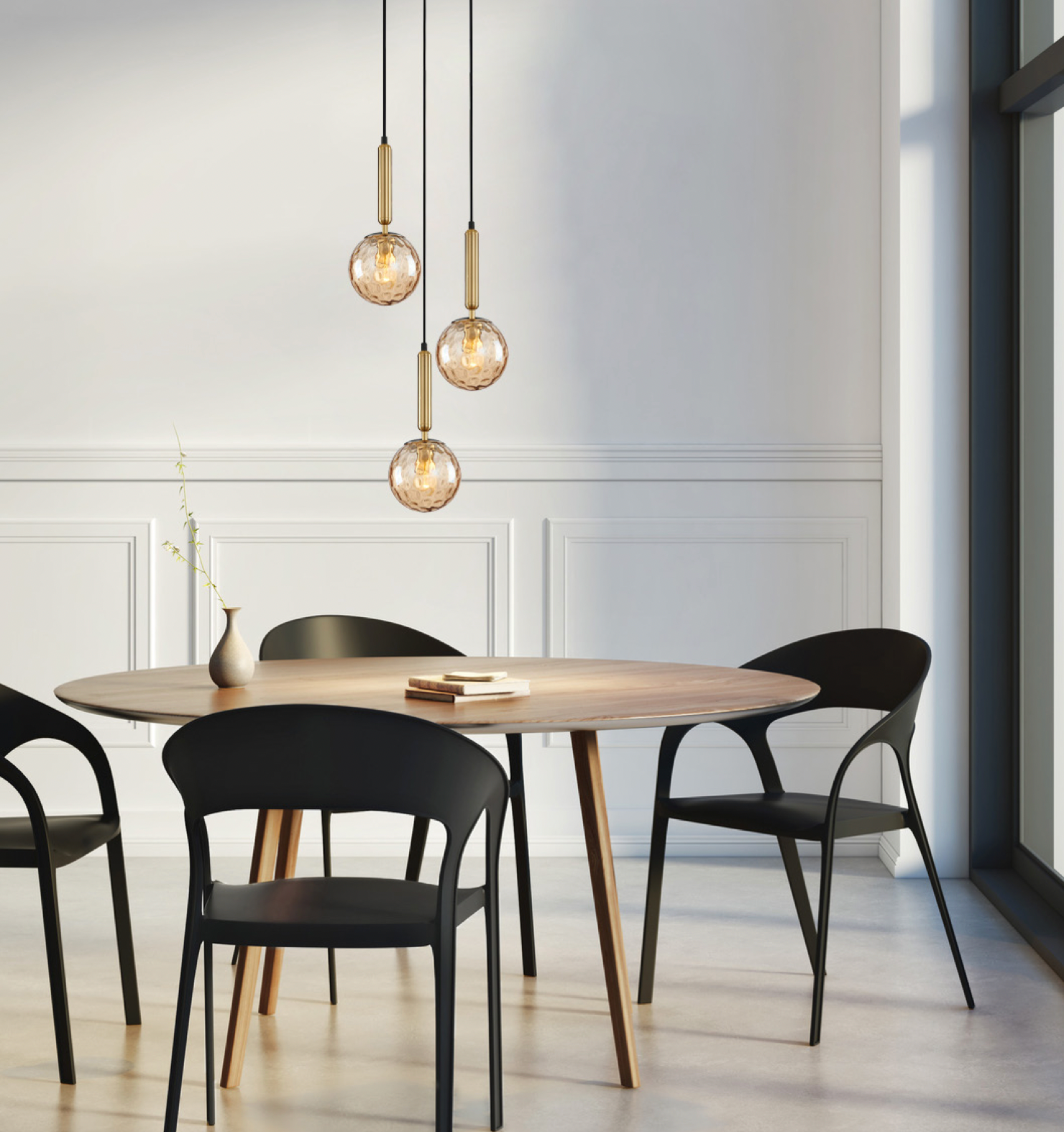 Doro 3 Light 35cm Suspension Pendant in Black, Brass & Amber