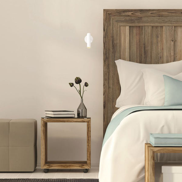 white adjustable minimal small LED wall light bedside reading light contemporary timber bedroom furniture