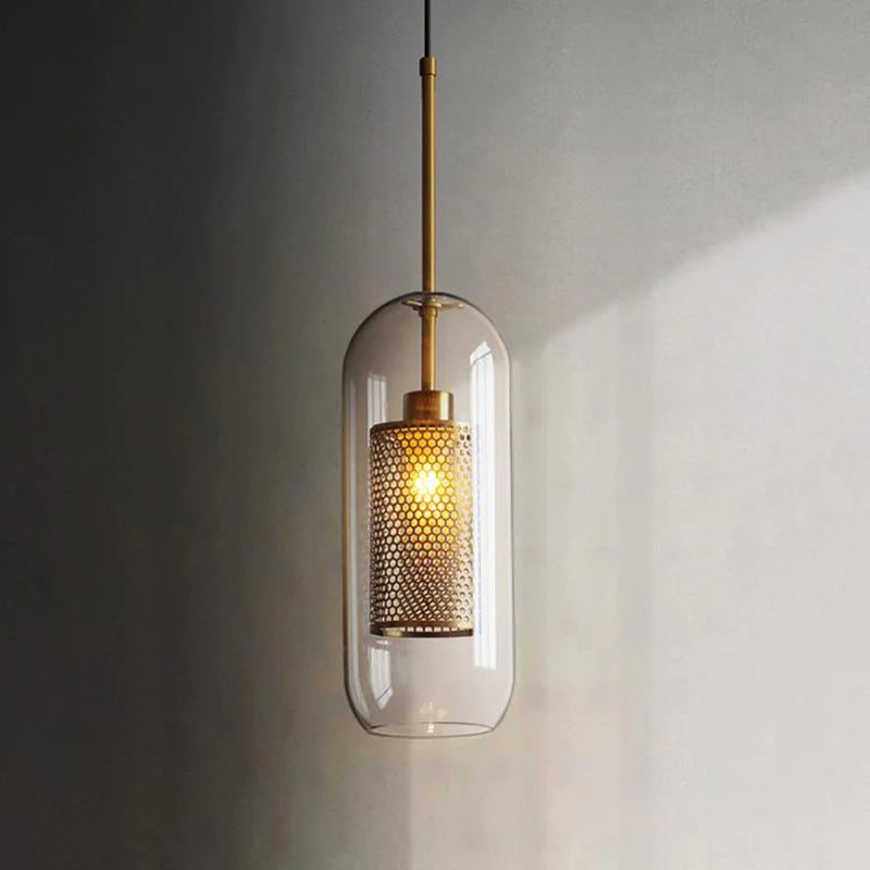 Stark Skinny Modern Mesh 15cm Glass Pendant in Brushed Brass