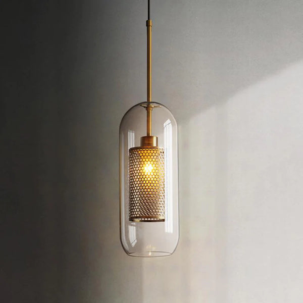 Stark Skinny Modern Mesh 15cm Glass Pendant in Brushed Brass