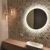 Luxury powder room back lit LED mirror with two glass stark gold pendants hanging over timber vanity bench