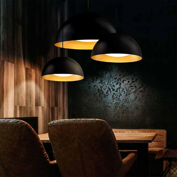 dome bell shape 3 cluster pendant over wooden dining table black and wood modern